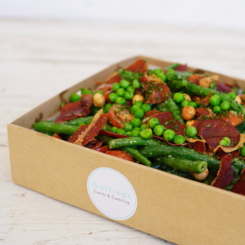 Pea, Prosciutto, Green Bean, Cherry Tomato and Hazelnut Salad with a Lemon Mustard Vinaigrette