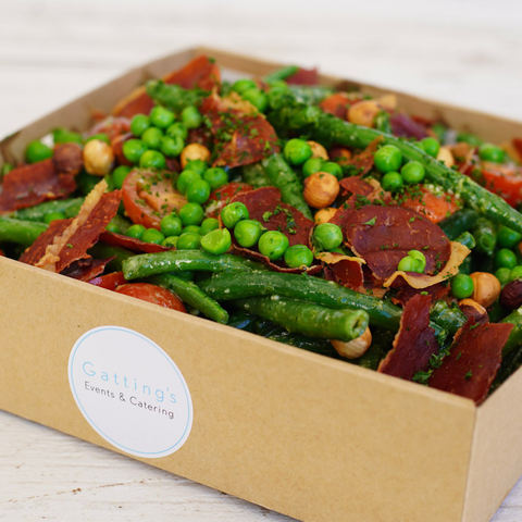 Pea, Prosciutto, Green Bean, Cherry Tomato and Hazelnut Salad with a Lemon Mustard Vinaigrette