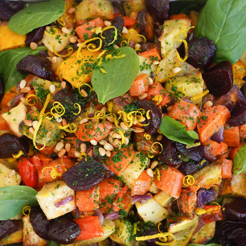 Salad of Roasted Kumara, Pumpkin and Beetroot Tossed in Orange and Balsamic Dressing