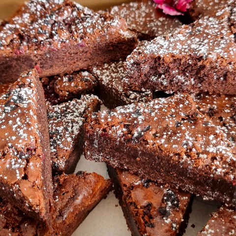 Close-up of chocolate brownies with powdered sugar on a white plate