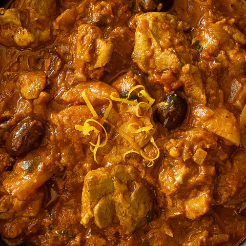 Close-up of a rich, brown curry with lemon zest on top