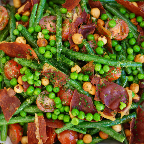 Pea, Prosciutto, Green Bean, Cherry Tomato and Hazelnut Salad with a Lemon Mustard Vinaigrette