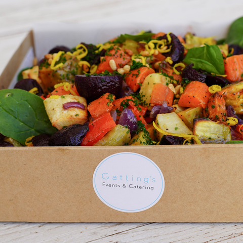 Box of roasted vegetables with a 'Gatting's Events & Catering' label.
