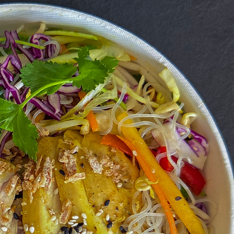 Colorful salad with noodles, vegetables, and a dressing on a white plate.