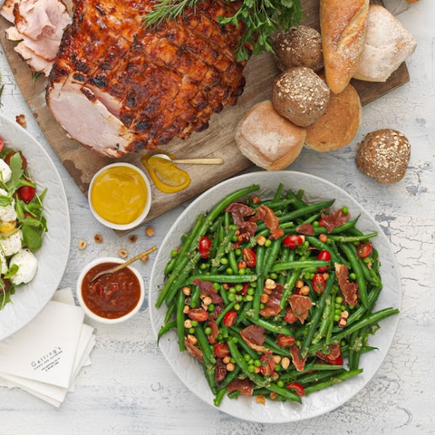 Pea, Prosciutto, Green Bean, Cherry Tomato and Hazelnut Salad with a Lemon Mustard Vinaigrette