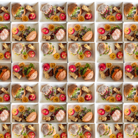 Grid of small containers with food items including sandwiches, fruits, and vegetables.